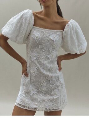 BHLDN White Floral Lace Puff-Sleeve Mini Dress